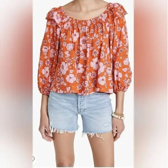 Free People Miss Daisy Top Blouse Long Sleeve Shirt Floral Orange Size Small - Picture 8 of 9